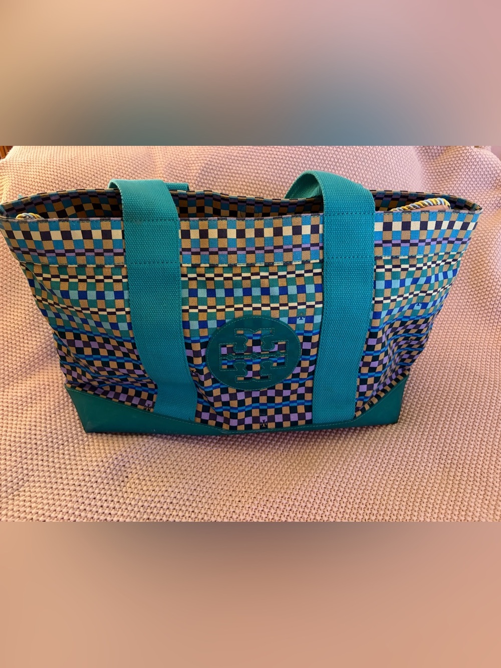 Tory Burch Multicolor Check Canvas Tote with Teal Trim